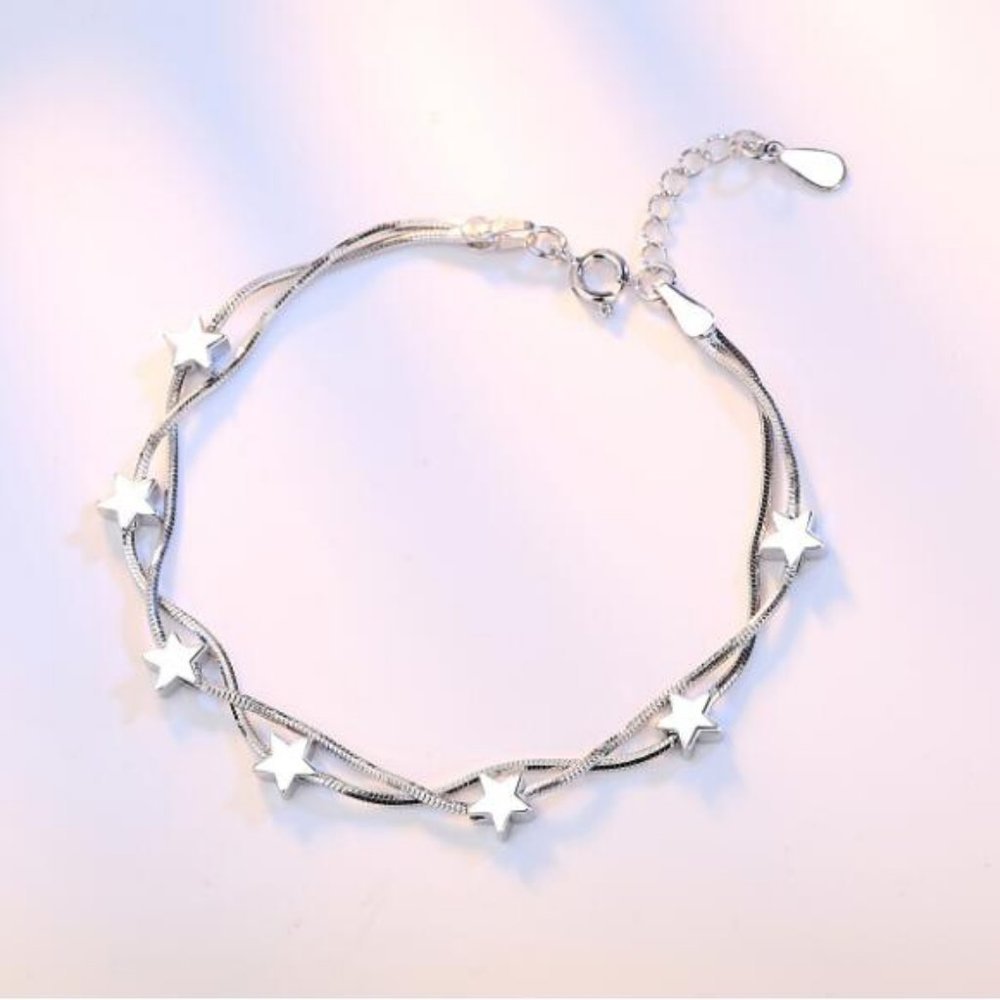 NEW 925 Sterling Silver Double Layer Star Bead Bracelet - Picture 4 of 5